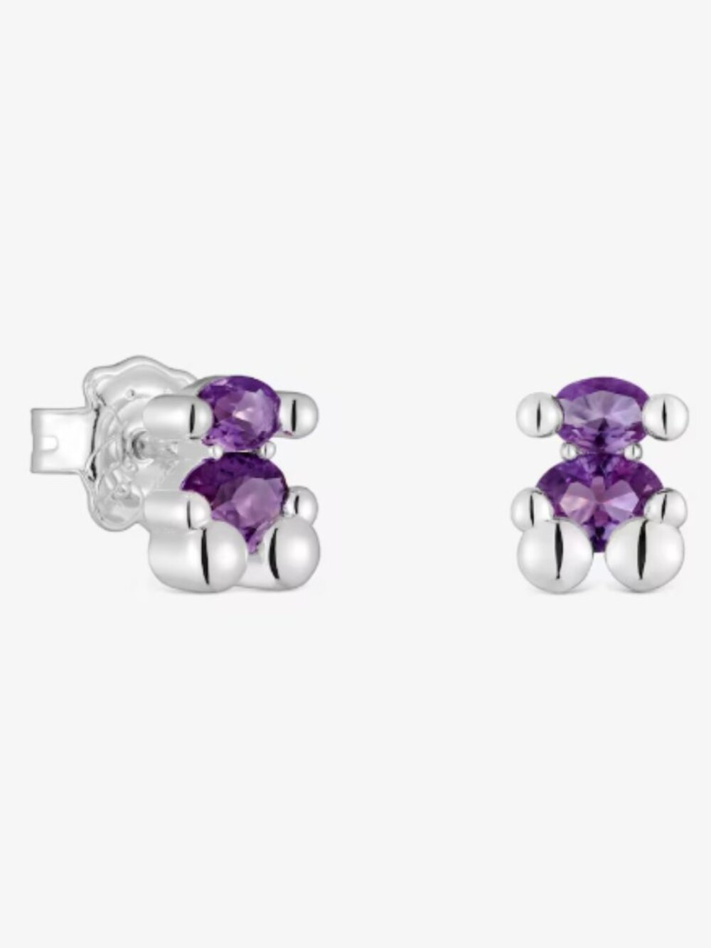 Tous 8 mm silver bear motif Earrings with lab-grown lilac sapphire Color Bear